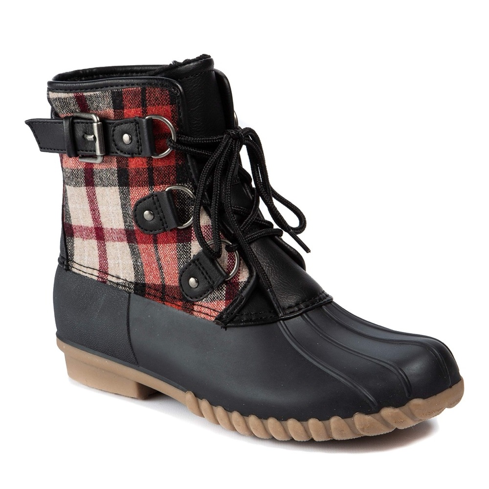 BareTraps Black and Red Plaid Winter Boots